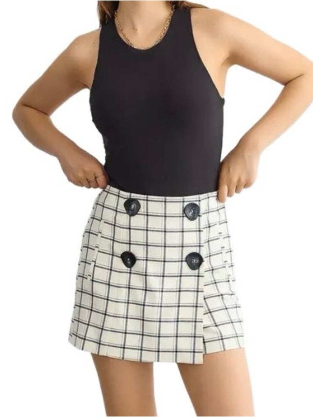 Zara Plaid Checked Skort XS Ecru Black Double Button High Rise Preppy Mod